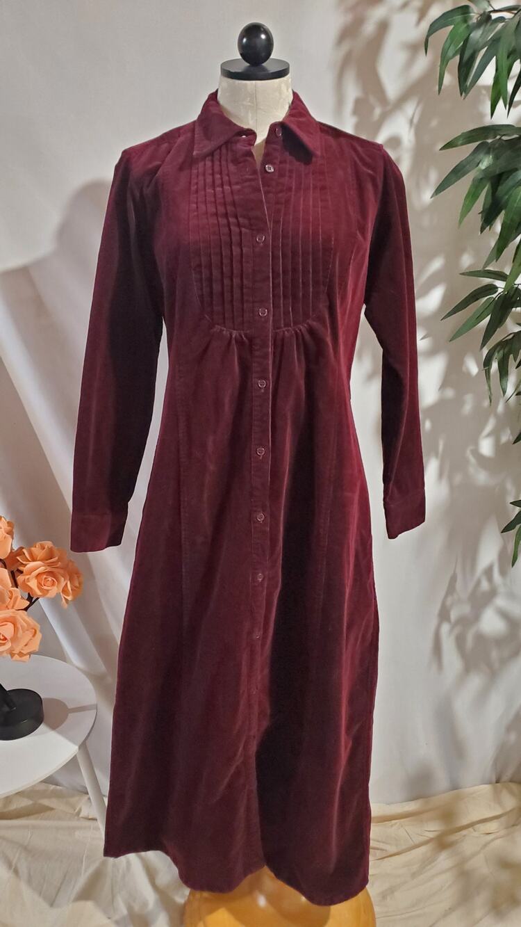 Orvis Vintage Corduroy Pleated Button Maxi Dress Sz S Maroon Red Prairie Modest